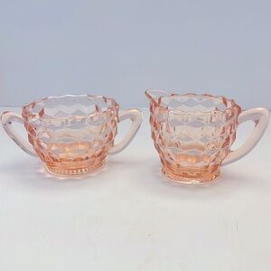 1930's Pink Depression Glass Cubist Jeanette Mid Century MCM Sugar Creamer